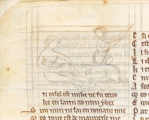 MS McClean 123 f.40v Dessin sous-jacent pour une miniature montrant un chasseur attrapant une licorne allongée nue sur les genoux d
