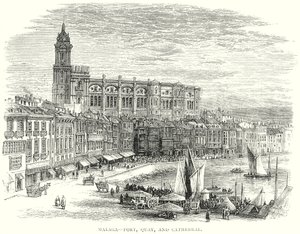 Malaga - Port, quai et cathédrale (gravure) - English School