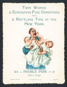 Homme tenant des jumeaux criant, carte de Noël