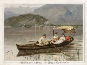 Homme ramant deux filles sur un lac