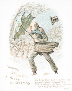Homme marchant dans la neige sous un vent fort, Carte de Noël - English School