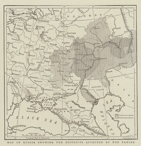 Carte de la Russie montrant les districts affectés par la famine - English School