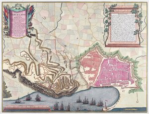Carte du siège de Barcelone en avril 1706 (lithographie en couleur)