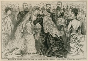 Mariage de la princesse Victoria de Hesse et du prince Louis de Battenberg, la reine Victoria saluant la mariée, 16 mai 1884 - English School