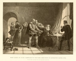 Marie Stuart contrainte de signer son abdication au château de Lochleven - English School