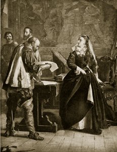 Marie Stuart signe son abdication, juillet 1567, illustration de Hutchinsons Story of the British Nation, c.1923