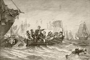 Le commandant en chef Oliver Hazard Perry transférant du brig US Lawrence au brig US Niagra pendant la bataille du lac Érié (lithographie) - English School
