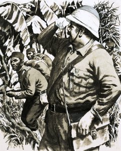 Melton Prior marchant dans la jungle birmane avec le 11e Infanterie native du Bengale - English School