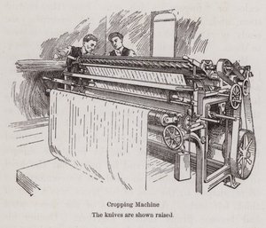 Hommes travaillant sur une machine de coupe de textiles - English School