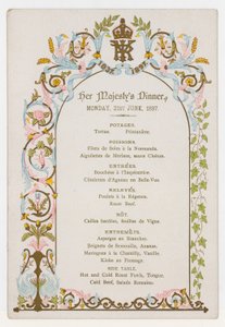 Menu du dîner de la reine Victoria le lundi 21 juin 1897, la veille de son jubilé de diamant - English School