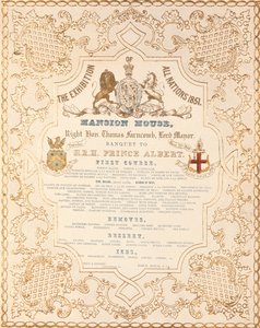 Menu du banquet pour le prince Albert à Mansion House, pour marquer la Grande Exposition de toutes les nations, Londres, 1851