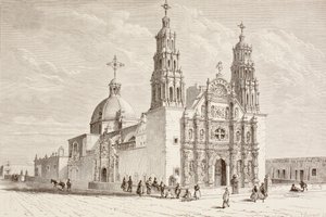 Cathédrale métropolitaine sur la Plaza de Armas, Chihuahua, Mexique au XIXe siècle (lithographie) - English School
