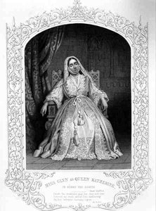 Miss Glyn en reine Katherine, Acte IV Scène 2, dans Henry VIII ou Tout est vrai, de William Shakespeare (gravure)