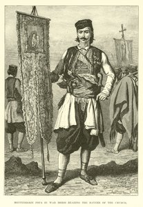 Popa monténégrin en tenue de guerre portant la Bannière de l
