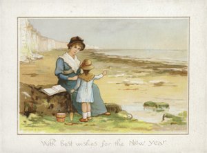 Mère et enfant sur la plage - Carte de Nouvel An