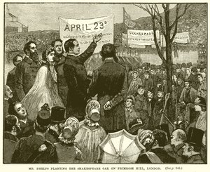 M. Phelps plantant le chêne de Shakespeare sur Primrose Hill, Londres - English School