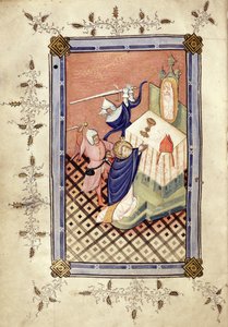 Ms.49 f.18v Saint Thomas de Canterbury (c.1118-70) attaqué par deux chevaliers, Horae, vers 1420-30