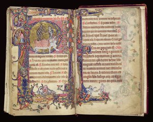 Ms 1-2005, ff.235v-236r : La Mort frappant, initiale historiée du Psautier de Macclesfield, Usage de Sarum, East Anglia, vers 1330