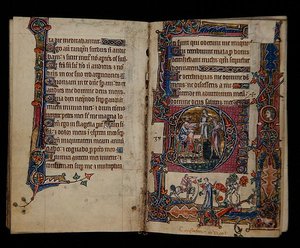 Ms 1-2005, ff.57v-58r : Saül envoyant Doeg tuer les prêtres de Nob, initiale historiée du Psautier de Macclesfield, Usage de Sarum, East Anglia, vers 1330 - English School