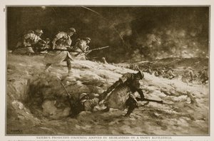 Coloration protectrice de la nature adoptée par les Highlanders sur un champ de bataille enneigé, 1914-19 - English School