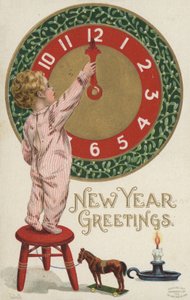 Carte de vœux du Nouvel An avec un petit garçon changeant une horloge (lithographie en couleur) - English School