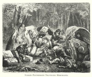 Nobles pillant les marchands ambulants (gravure) - English School