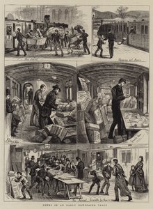 Notes dans un train de journaux matinal (gravure) - English School