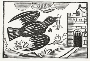 Maintenant par un corbeau de grande force, Pauvre Tom fut emporté, illustration de Chap-books du XVIIIe siècle par John Ashton, pub. 1882