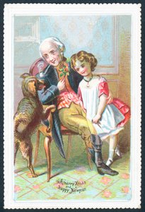 Vieux monsieur assis dans un fauteuil avec une fille et un chien - English School