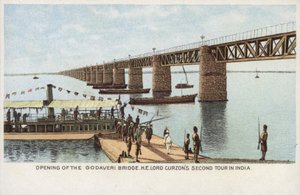 Ouverture du pont Godaveri, deuxième tournée de Lord Curzon en Inde (lithographie en couleur) - English School