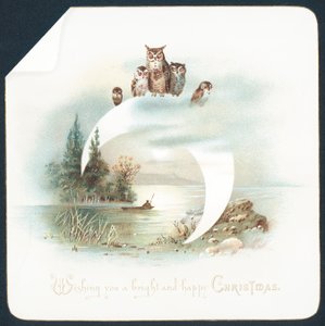 Chouettes assises sur un croissant de lune, Carte de Noël - English School
