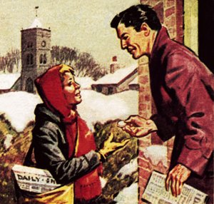 Garçon de journaux recevant sa boîte de Noël - English School
