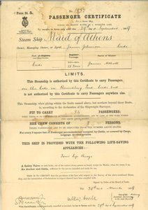 Certificat de passager pour le bateau à vapeur The Maid of Athens - English School