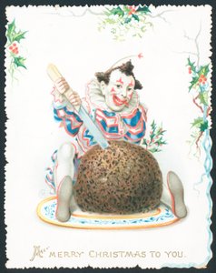 Pierrot coupant le pudding aux prunes, Carte de Noël - English School