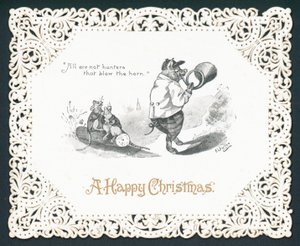 Cochon soufflant dans une corne, Carte de Noël