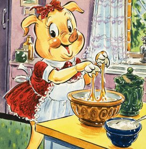 Cochon cuisinant avec un œuf