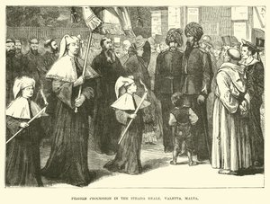 Procession de pèlerins dans la Strada Reale, La Valette, Malte - English School