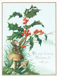 Lutin cueillant du houx, carte de Noël - English School