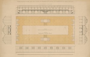 Plan, élévations et sections du bâtiment du musée sur le domaine de Kensington Gore - English School