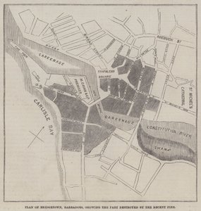 Plan de Bridgetown, Barbade, montrant la partie détruite par le récent incendie (gravure) - English School
