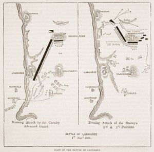 Plan de la bataille de Laswaree, illustration de Cassells Illustrated History of India par James Grant, pub. 1879 - English School