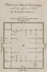 Plan du Royal Exchange avec les différentes allées pour les marchands, commerçants, etc. - English School