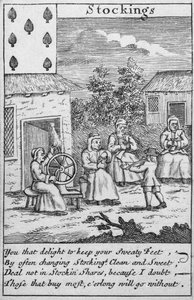 Carte à jouer montrant des ouvriers fabriquant des bas (détail) - English School