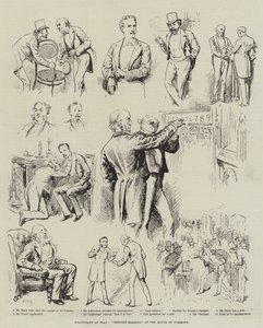Politiciens en jeu, "Lecture de pensée" à la Chambre des communes (gravure) - English School