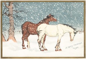 Poneys dans la neige, carte de Noël