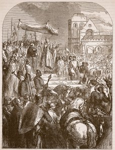 Le pape Urbain II prêchant la Première Croisade sur la place du marché de Clermont, 1096, illustration de Cassells Illustrated History of England - English School