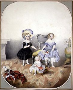 Portrait de trois filles aux yeux bleus en costume, c.1840 - English School