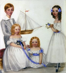 Portrait de quatre enfants tenant un voilier et un chaton, c.1830 - English School