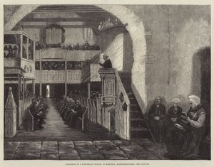 Prédication dans une église norvégienne, à Rosendal, Hardanger-Fjord (gravure) - English School