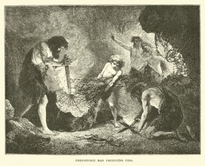 Homme préhistorique produisant du feu - English School